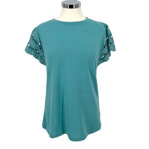 Simple Flavor Lace Flutter Sleeve Casual Top Blue Size Medium NWT